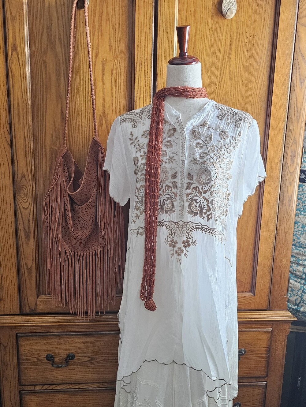 Johnny Was White Neutral Floral Embroidered Boho Tunic Top M